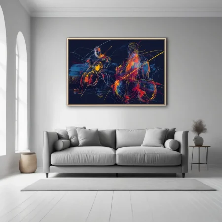 Abstract neon line-art of string musicians in crimson, gold, and blue on midnight navy