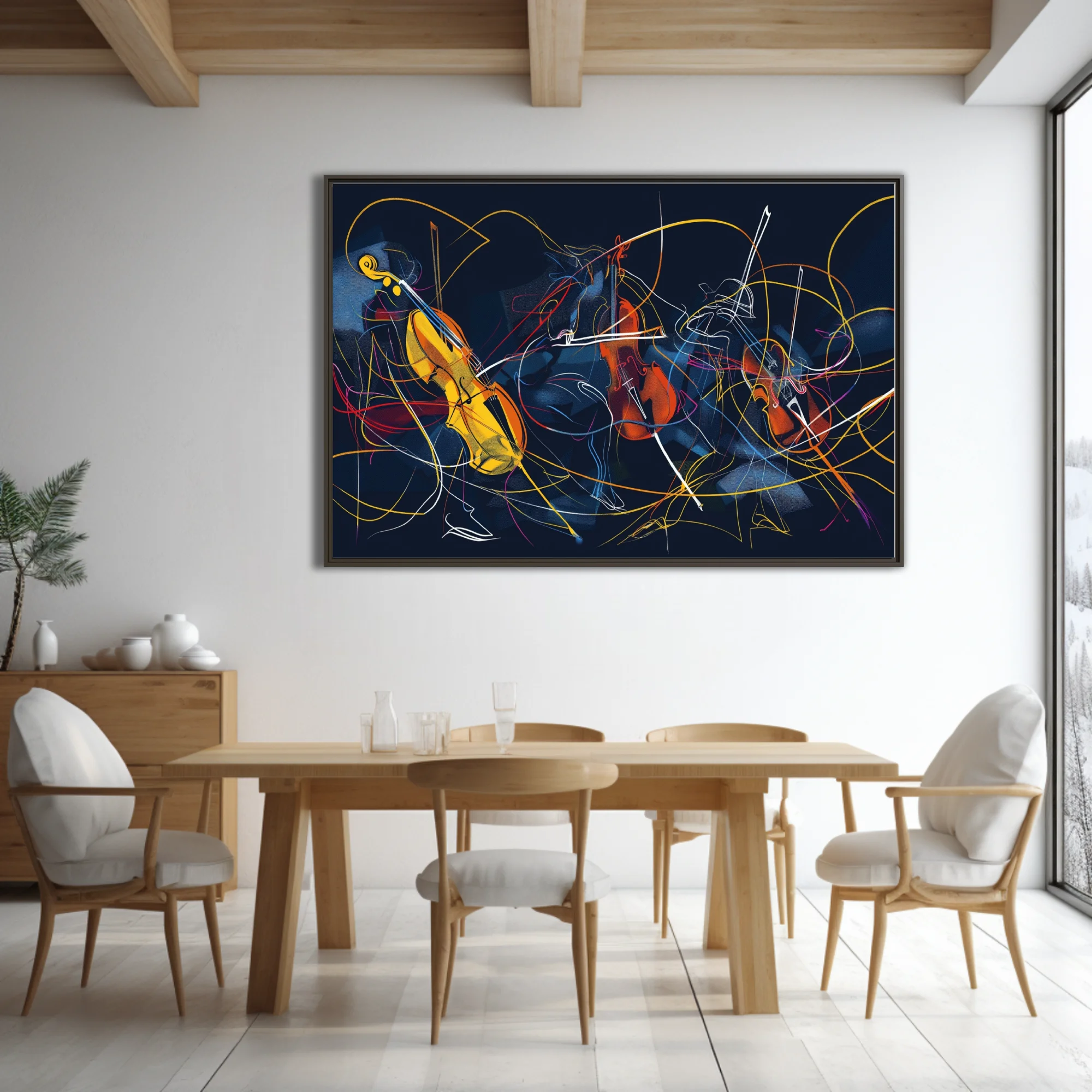 Abstract line-art musicians with string instruments in amber, red, and blue on midnight navy
