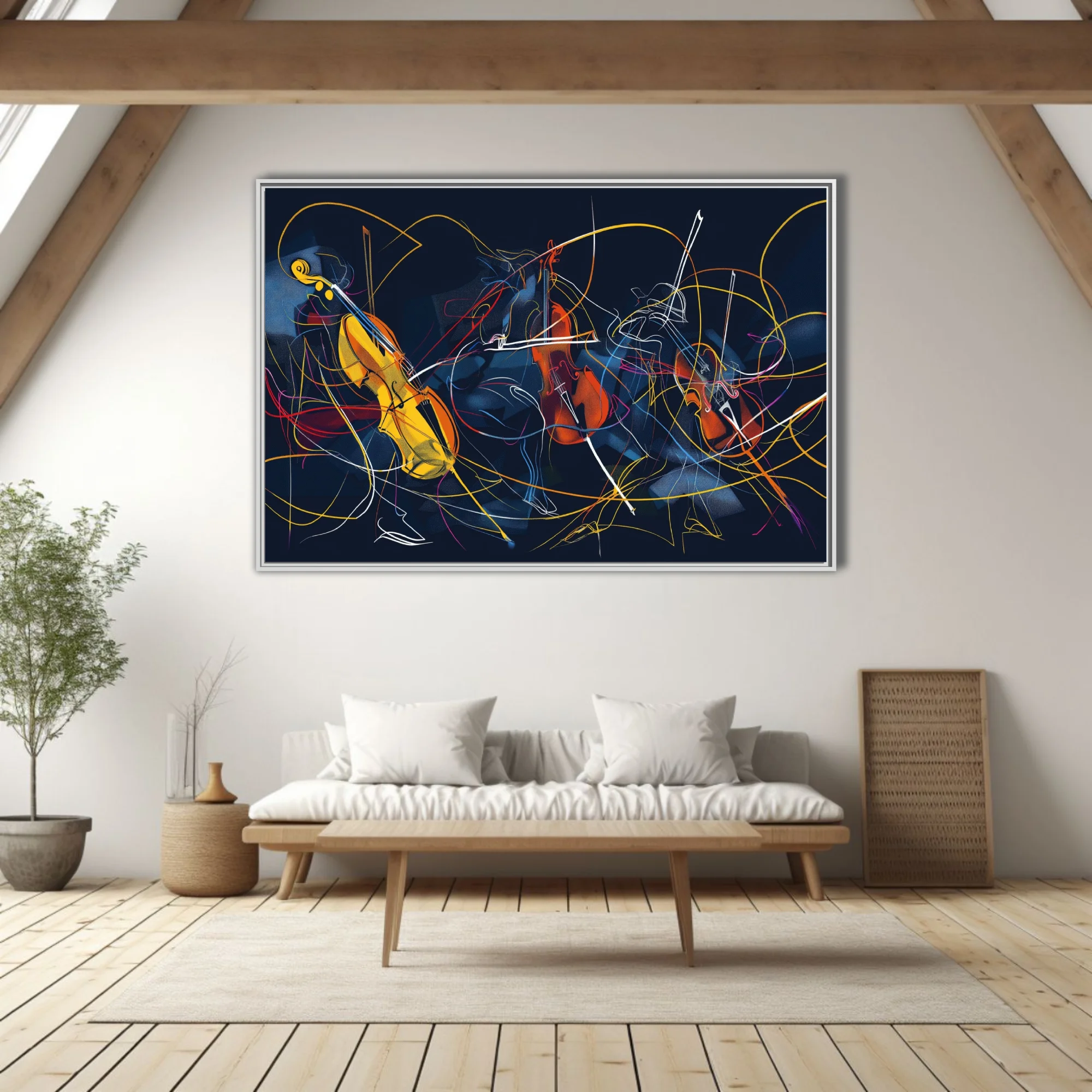 Abstract line-art musicians with string instruments in amber, red, and blue on midnight navy