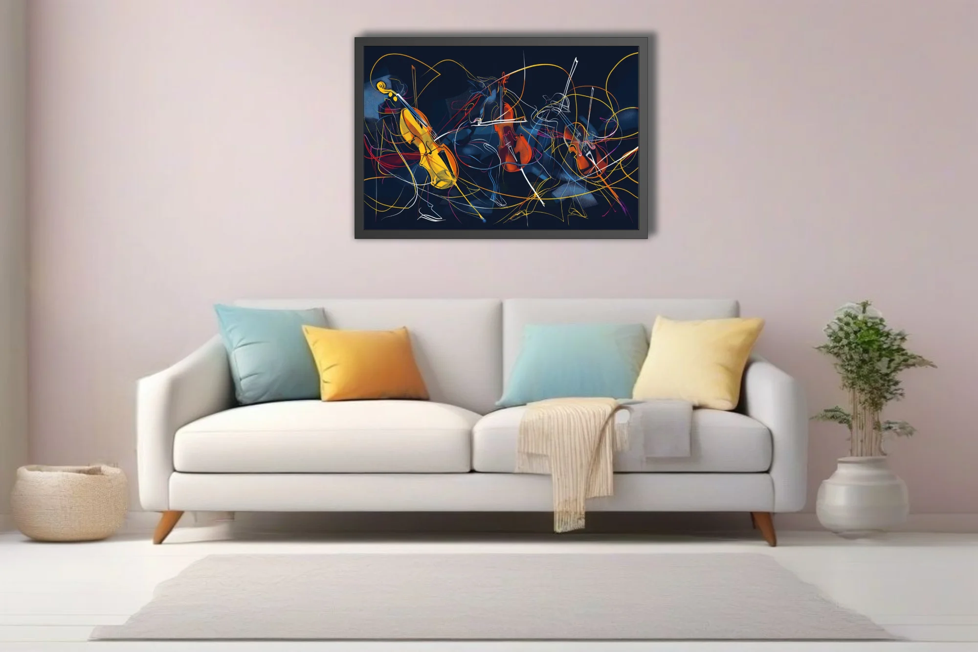 Abstract line-art musicians with string instruments in amber, red, and blue on midnight navy