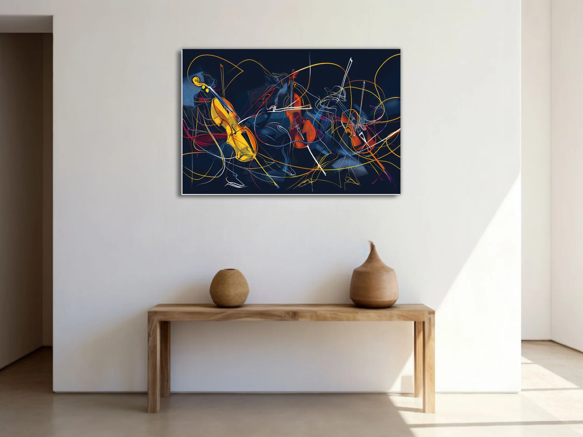 Abstract line-art musicians with string instruments in amber, red, and blue on midnight navy