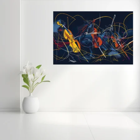Abstract line-art musicians with string instruments in amber, red, and blue on midnight navy