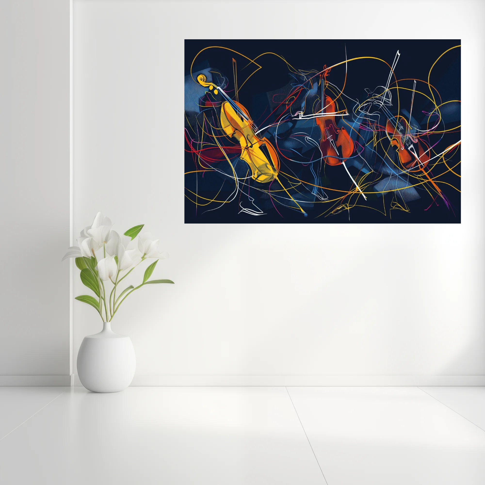 Abstract line-art musicians with string instruments in amber, red, and blue on midnight navy