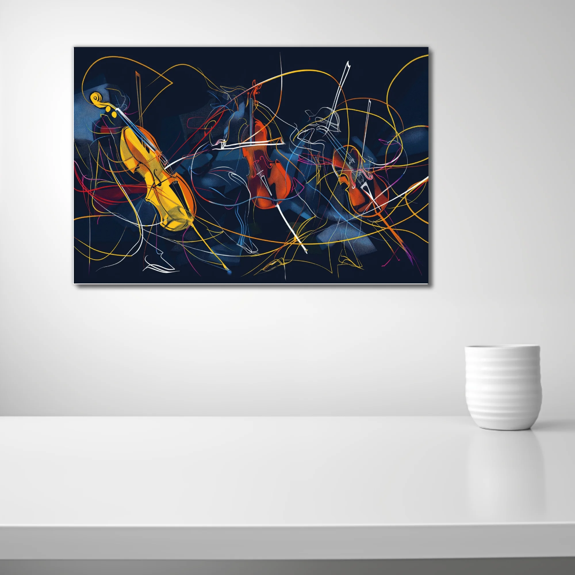 Abstract line-art musicians with string instruments in amber, red, and blue on midnight navy
