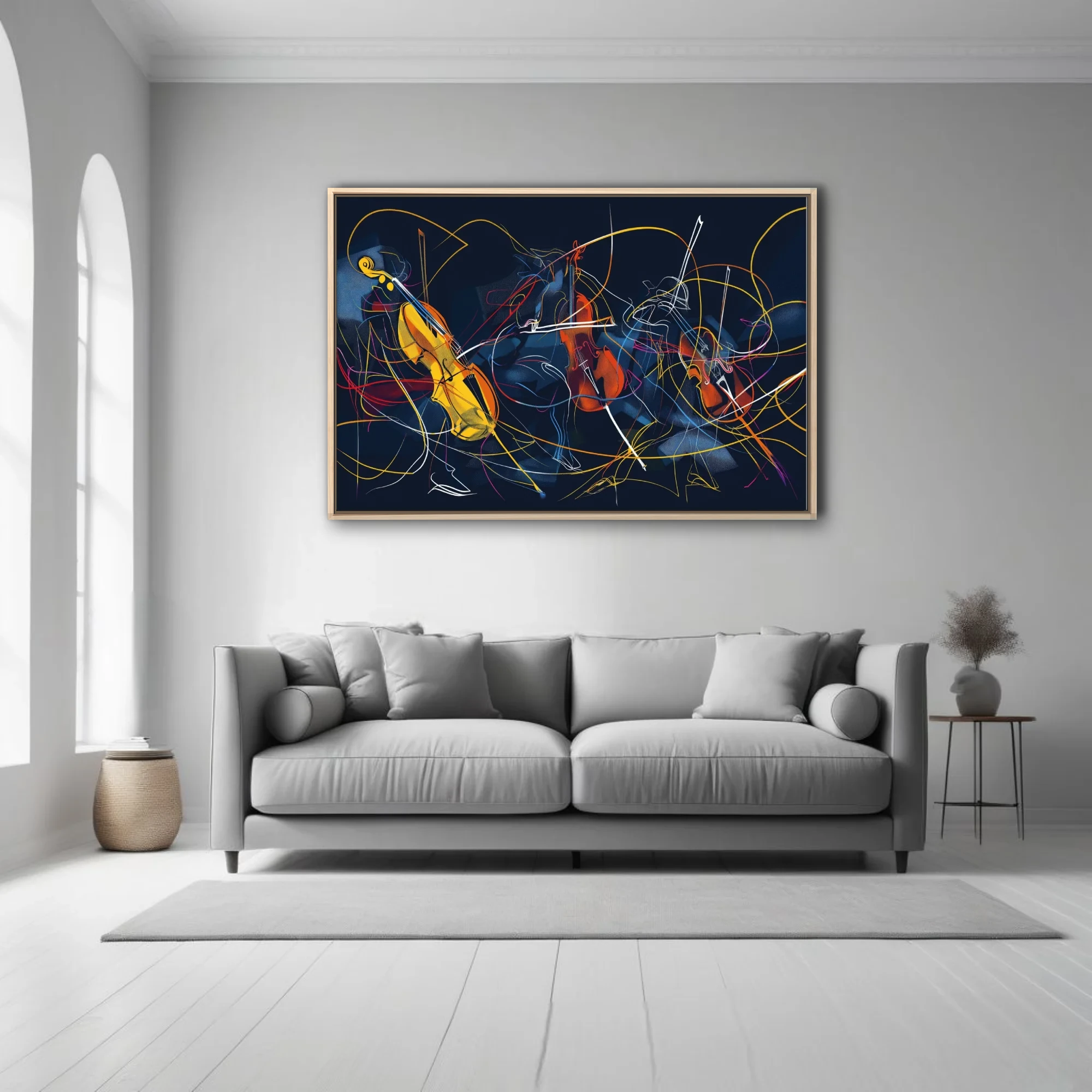 Abstract line-art musicians with string instruments in amber, red, and blue on midnight navy
