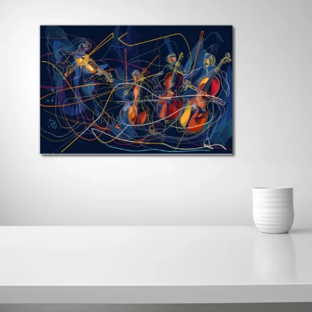 Abstract line-art string musicians on midnight blue with amber, crimson, and cyan ribbons