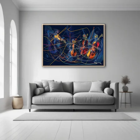 Abstract line-art string musicians on midnight blue with amber, crimson, and cyan ribbons