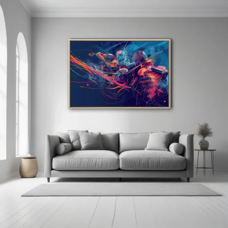 Vibrant expressive illustration of violinists in navy, magenta, and orange with kinetic neon line work