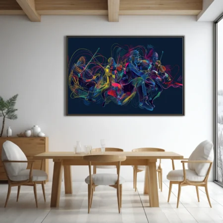 Neon abstract string musicians in motion, electric linework on deep navy