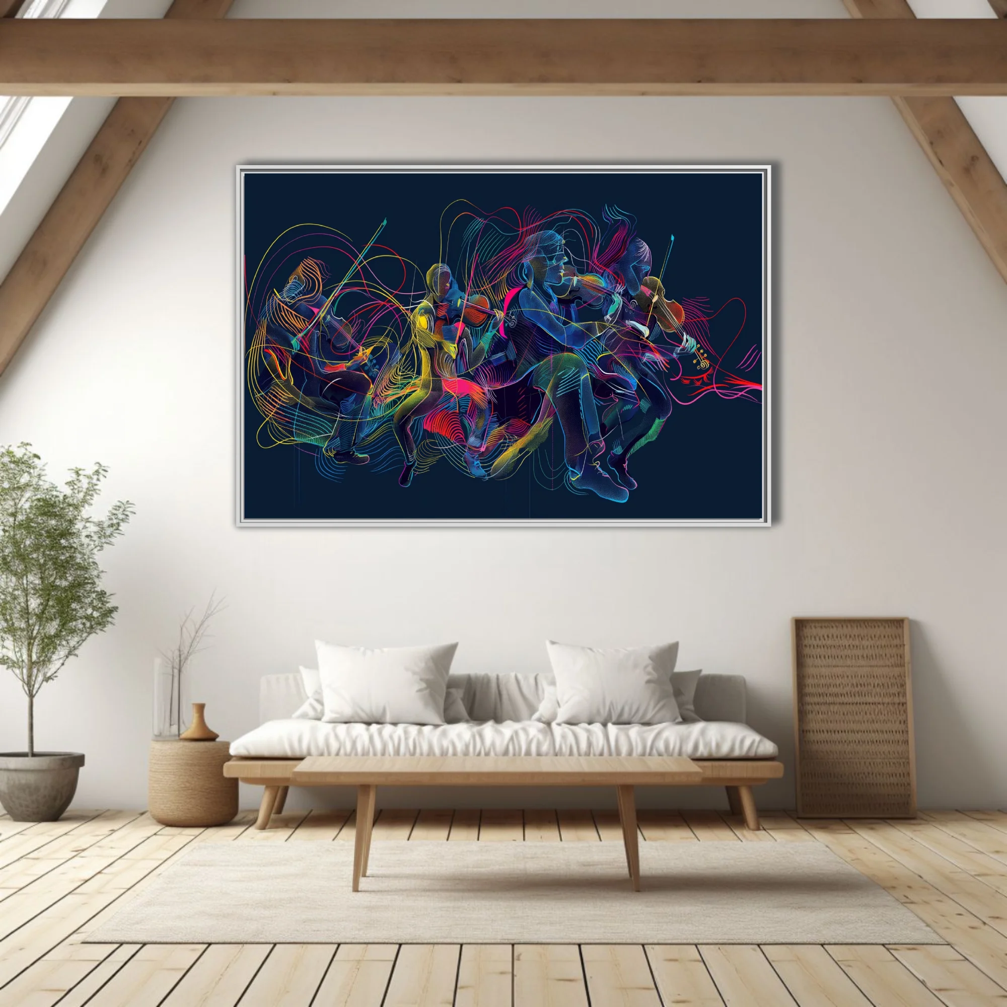 Neon abstract string musicians in motion, electric linework on deep navy