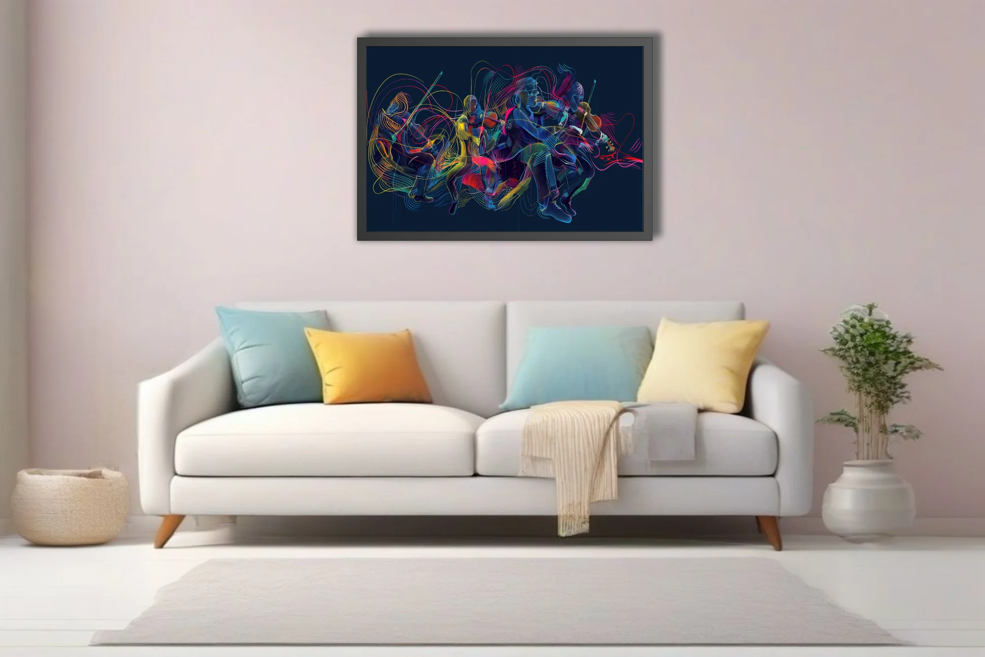Neon abstract string musicians in motion, electric linework on deep navy