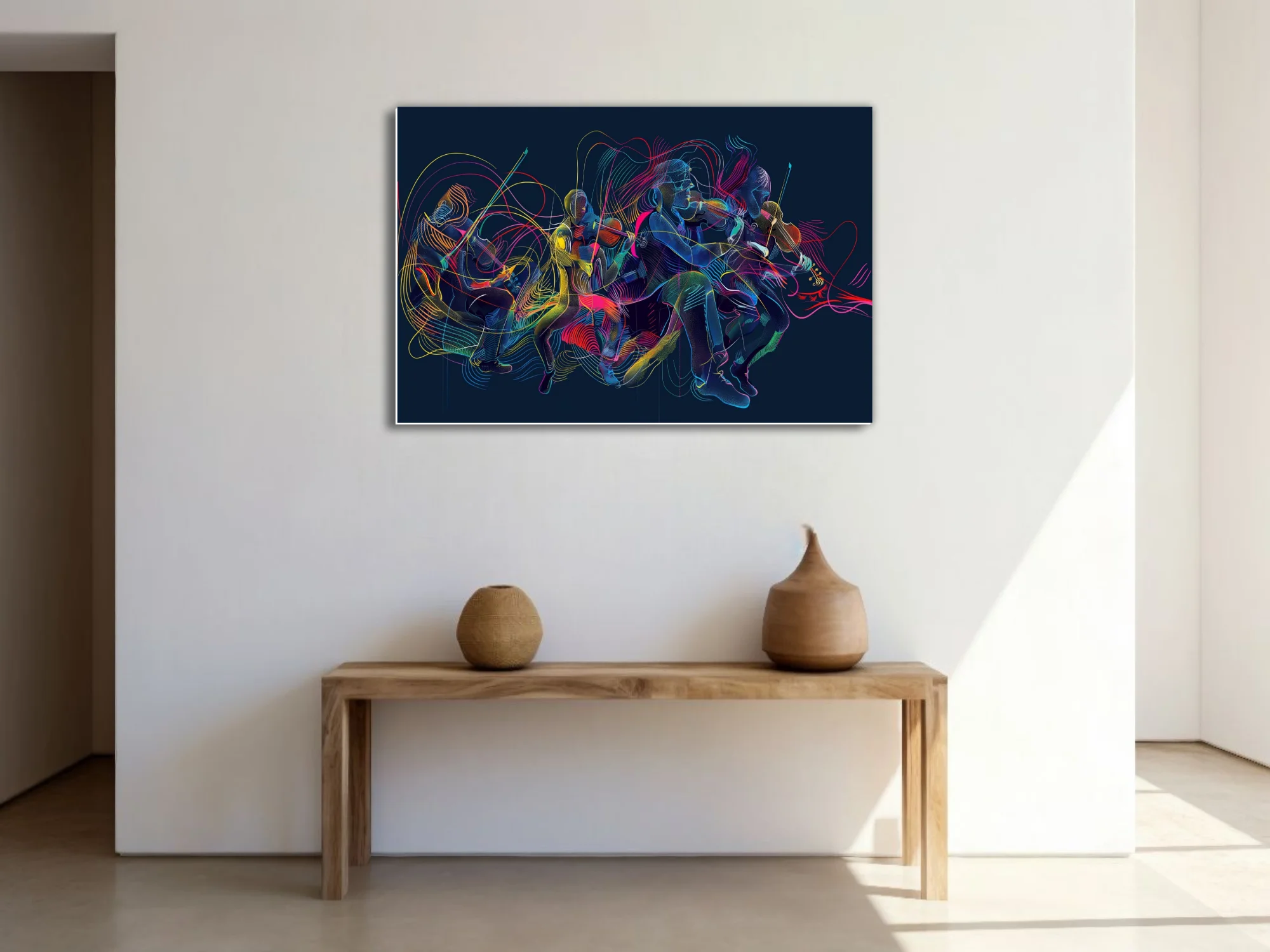 Neon abstract string musicians in motion, electric linework on deep navy