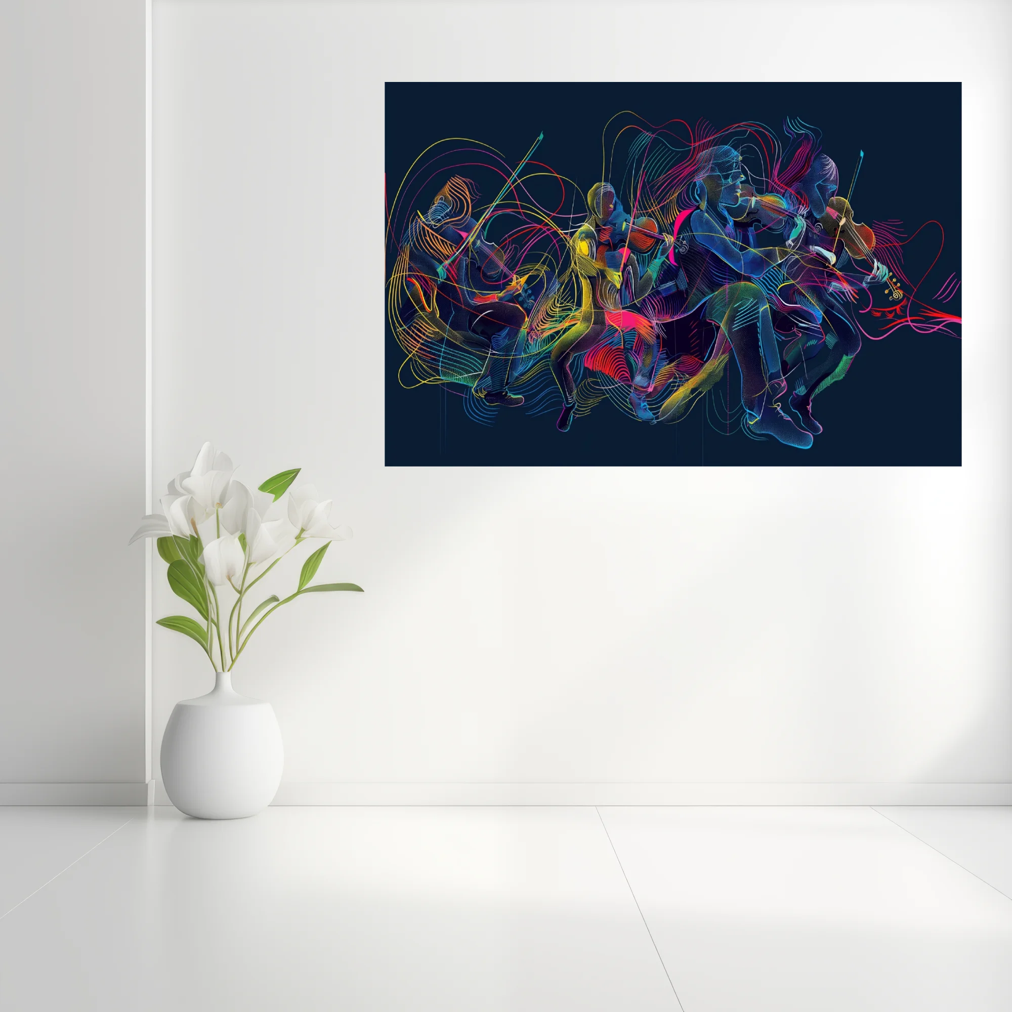 Neon abstract string musicians in motion, electric linework on deep navy