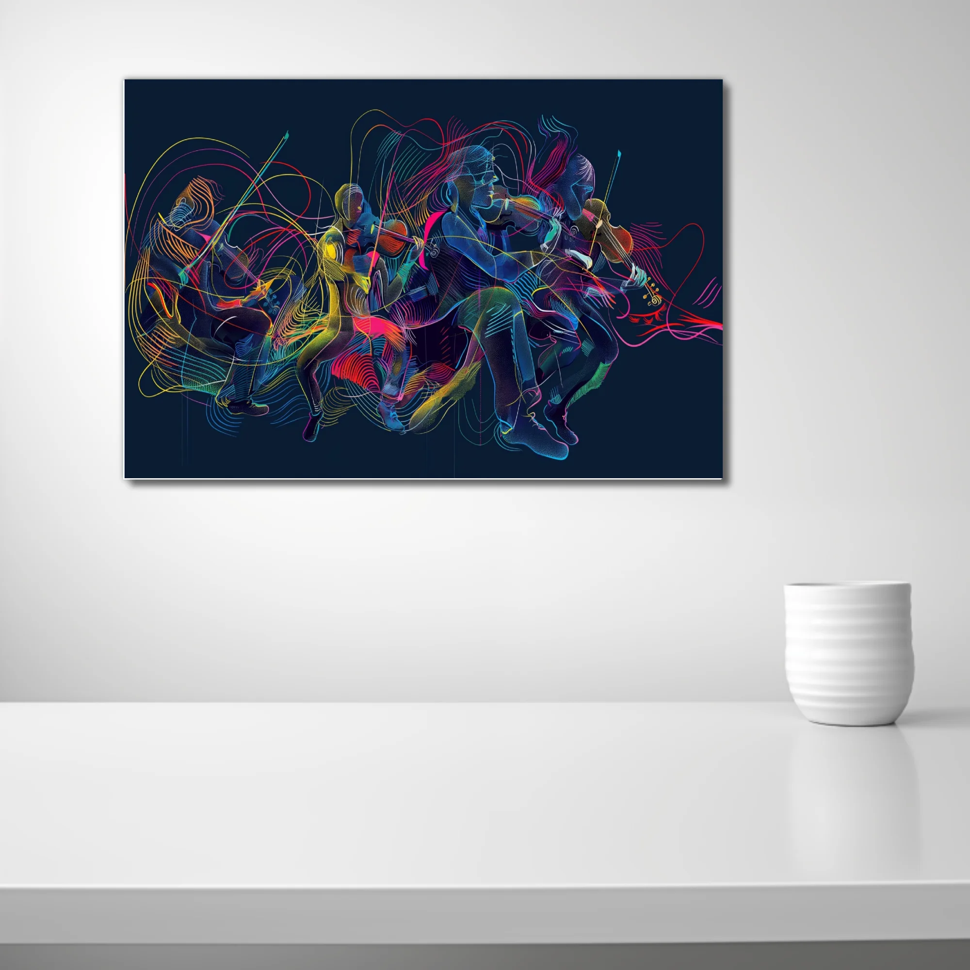 Neon abstract string musicians in motion, electric linework on deep navy