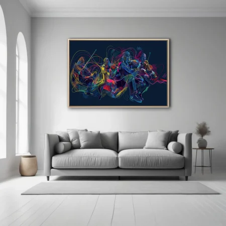 Neon abstract string musicians in motion, electric linework on deep navy