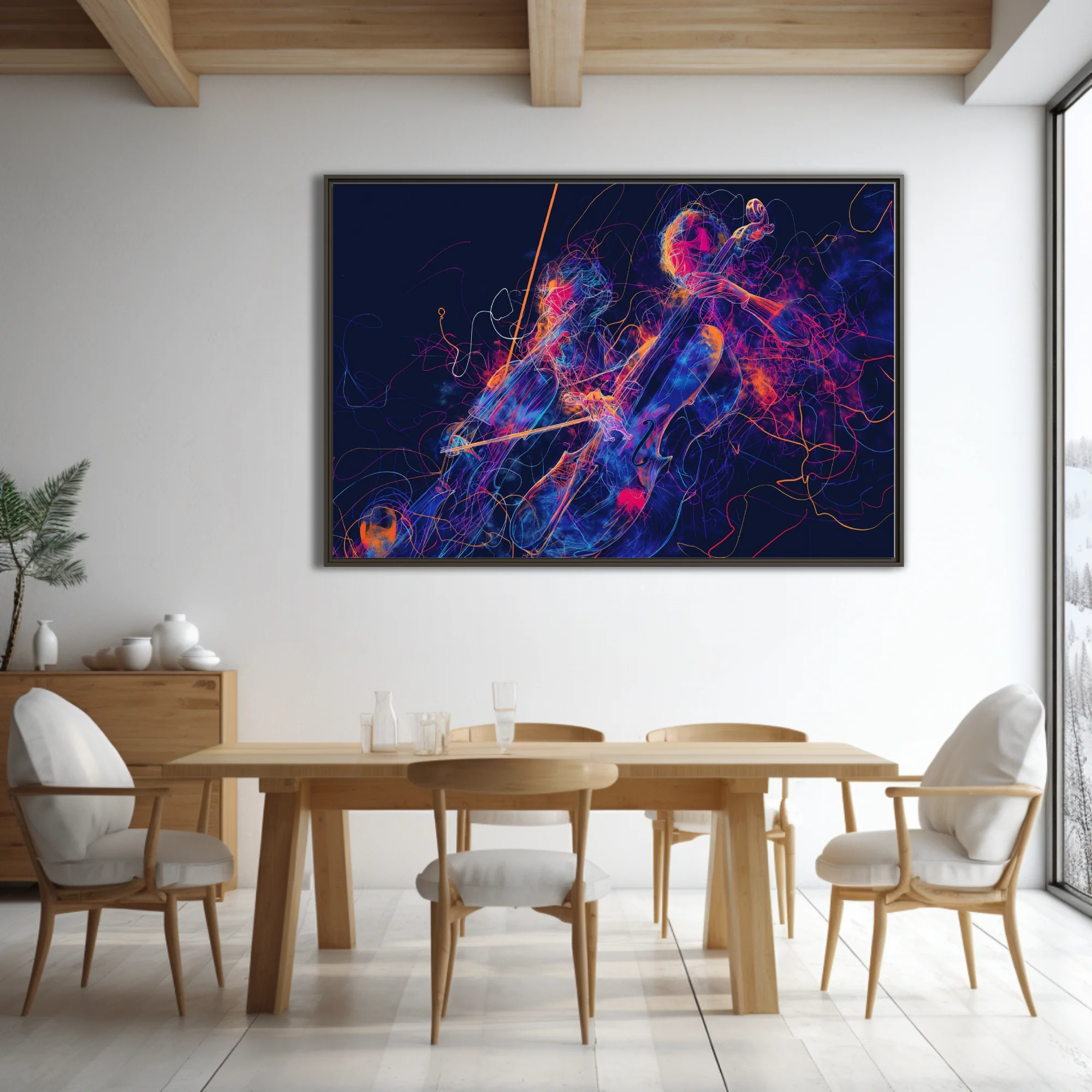 Neon line-art cellist in magenta, blue, and orange on midnight — vibrant contemporary music illustration