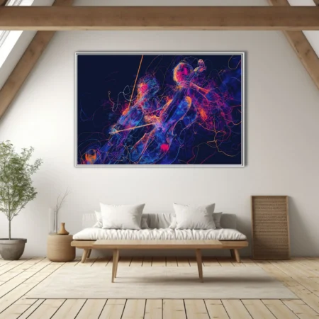 Neon line-art cellist in magenta, blue, and orange on midnight — vibrant contemporary music illustration