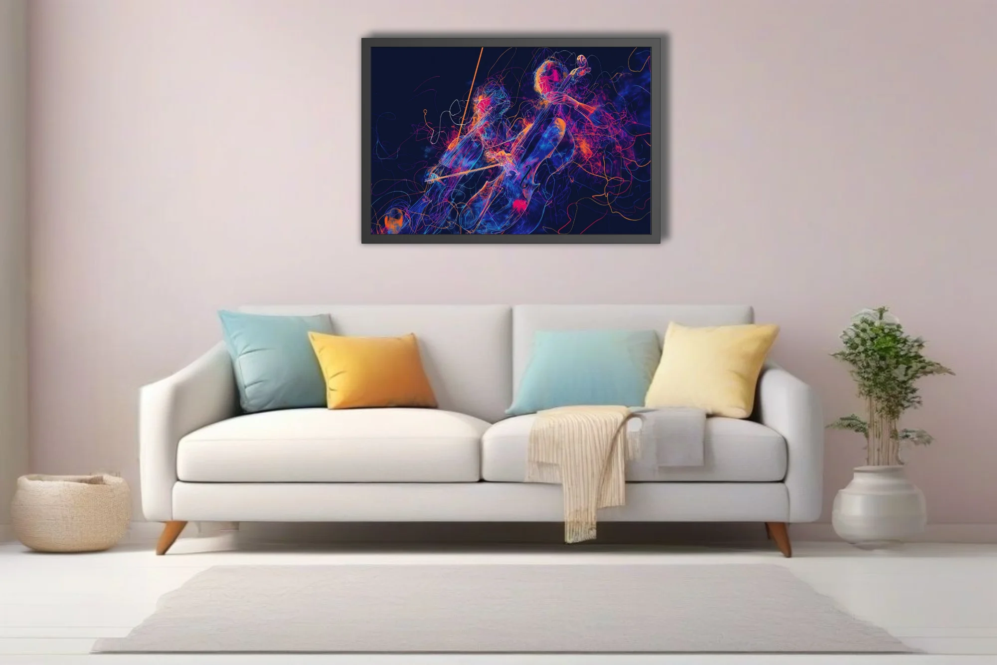 Neon line-art cellist in magenta, blue, and orange on midnight — vibrant contemporary music illustration