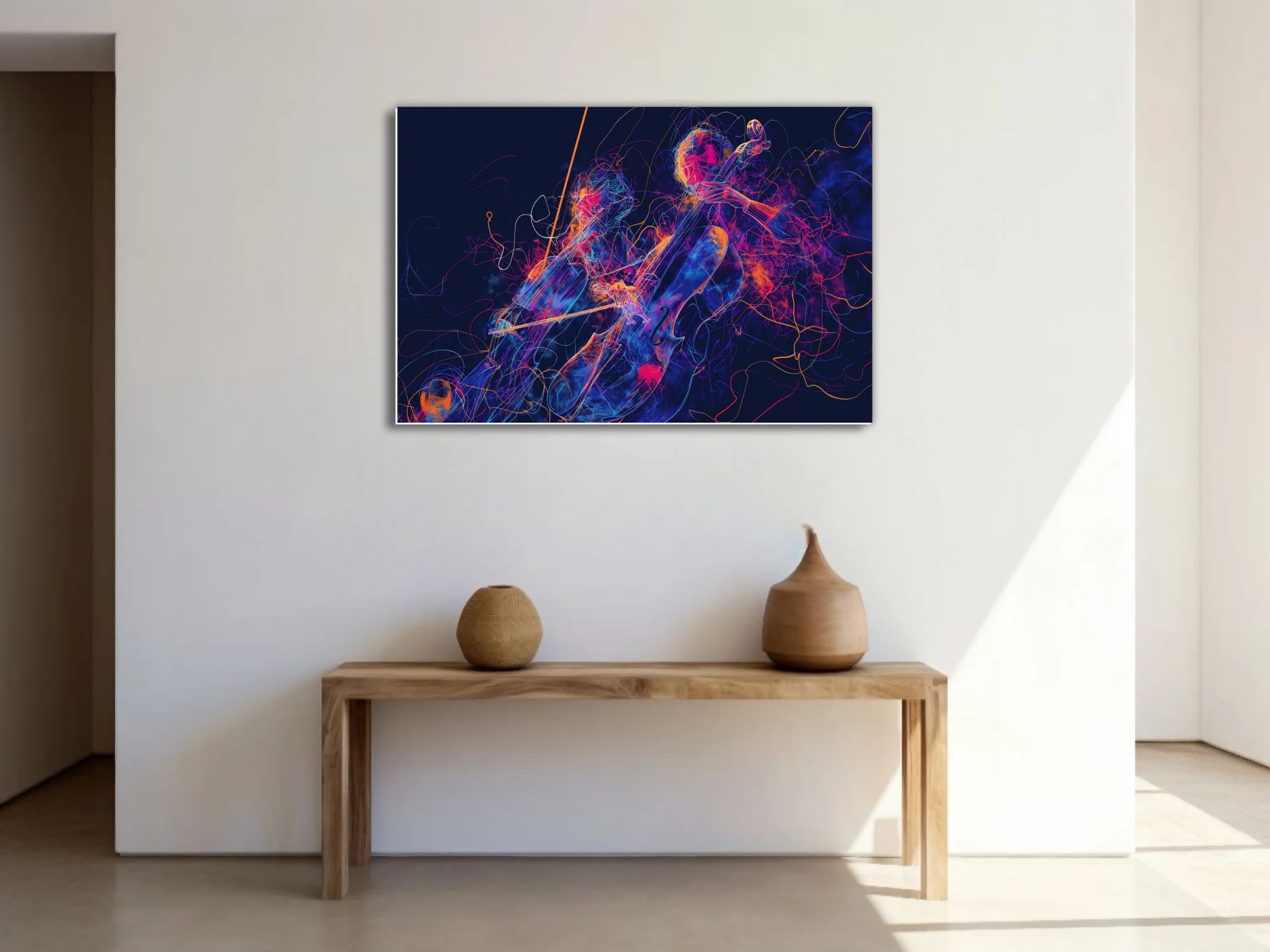 Neon line-art cellist in magenta, blue, and orange on midnight — vibrant contemporary music illustration