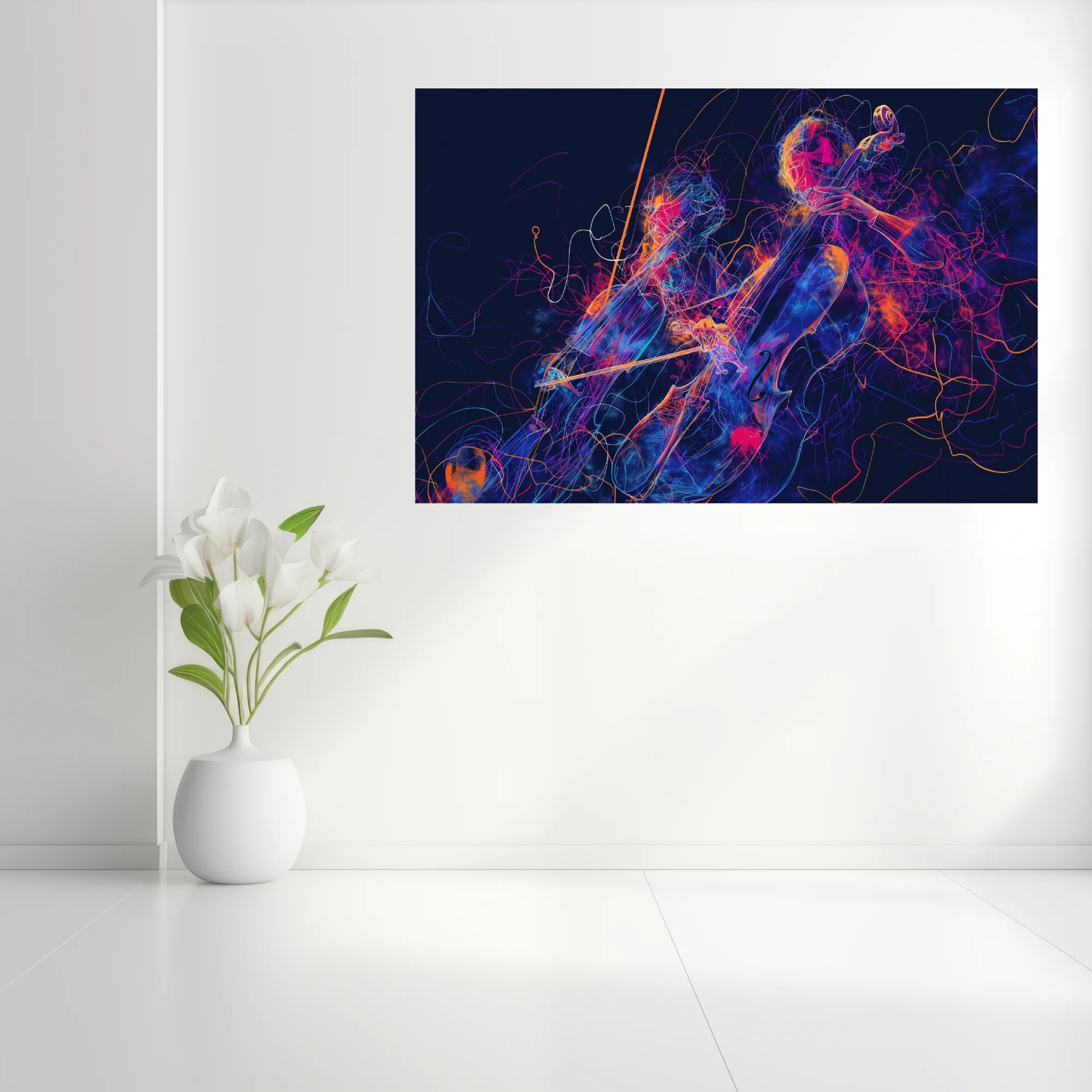 Neon line-art cellist in magenta, blue, and orange on midnight — vibrant contemporary music illustration