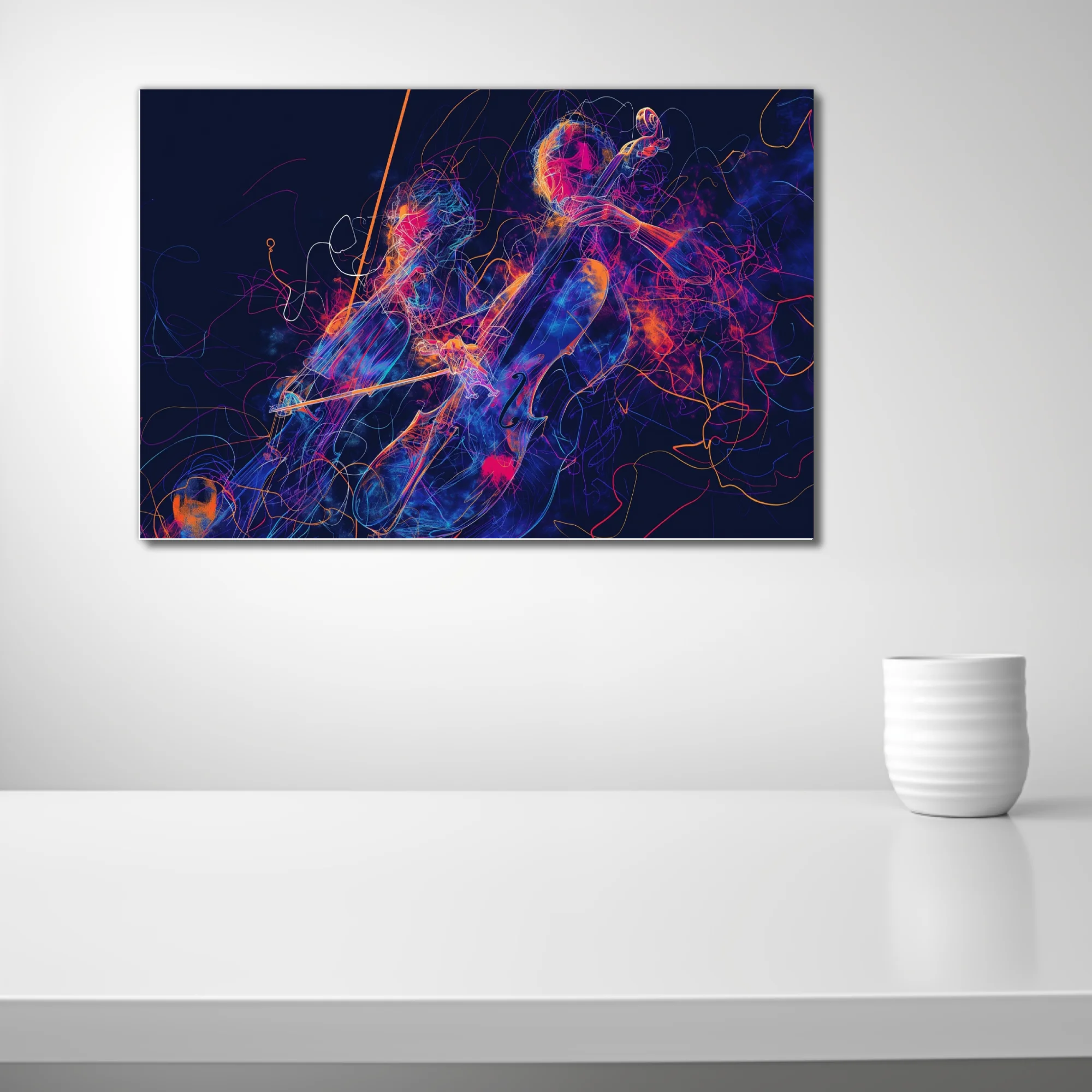 Neon line-art cellist in magenta, blue, and orange on midnight — vibrant contemporary music illustration