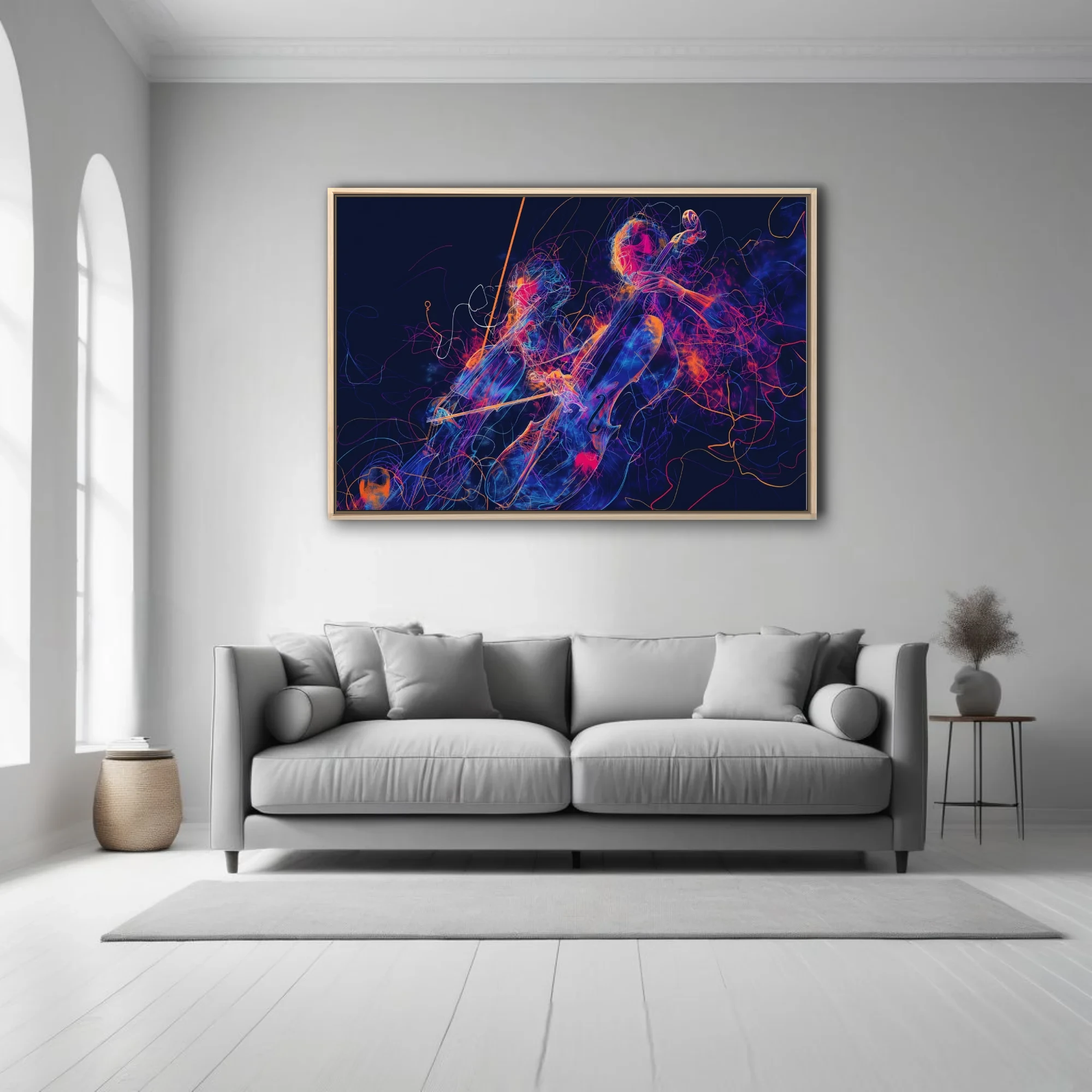 Neon line-art cellist in magenta, blue, and orange on midnight — vibrant contemporary music illustration