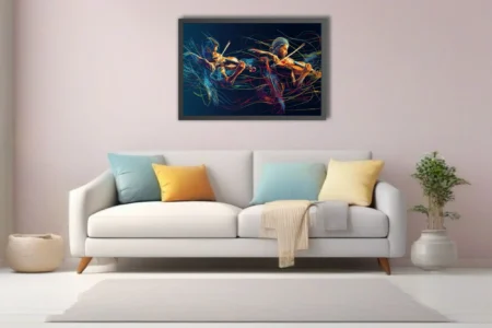 Neon glowing violin players abstract illustration, electric blue and amber