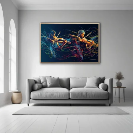 Neon glowing violin players abstract illustration, electric blue and amber