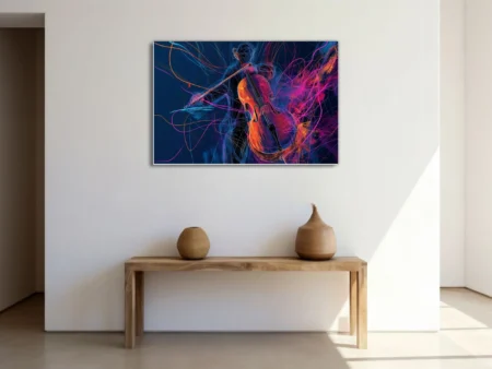 Neon line-art cellist in electric blue, orange and magenta on deep indigo — vibrant music wall art