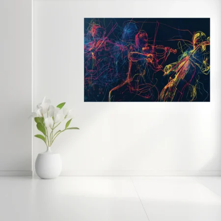 Neon abstract string musicians, electric magenta and yellow on dark navy