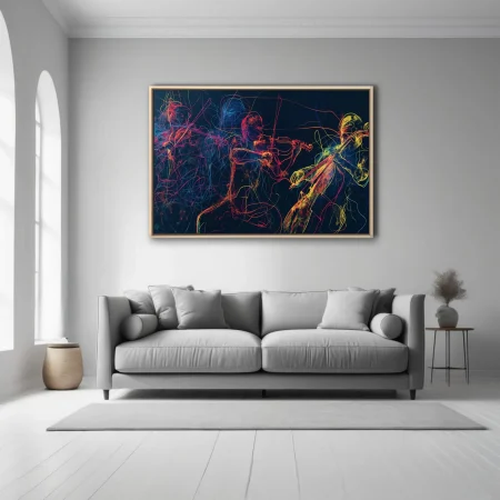 Neon abstract string musicians, electric magenta and yellow on dark navy