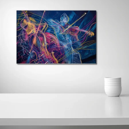 Neon line-art string musicians in magenta, yellow, and cyan on midnight blue — kinetic modern music wall art