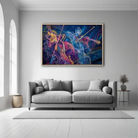 Neon line-art string musicians in magenta, yellow, and cyan on midnight blue — kinetic modern music wall art