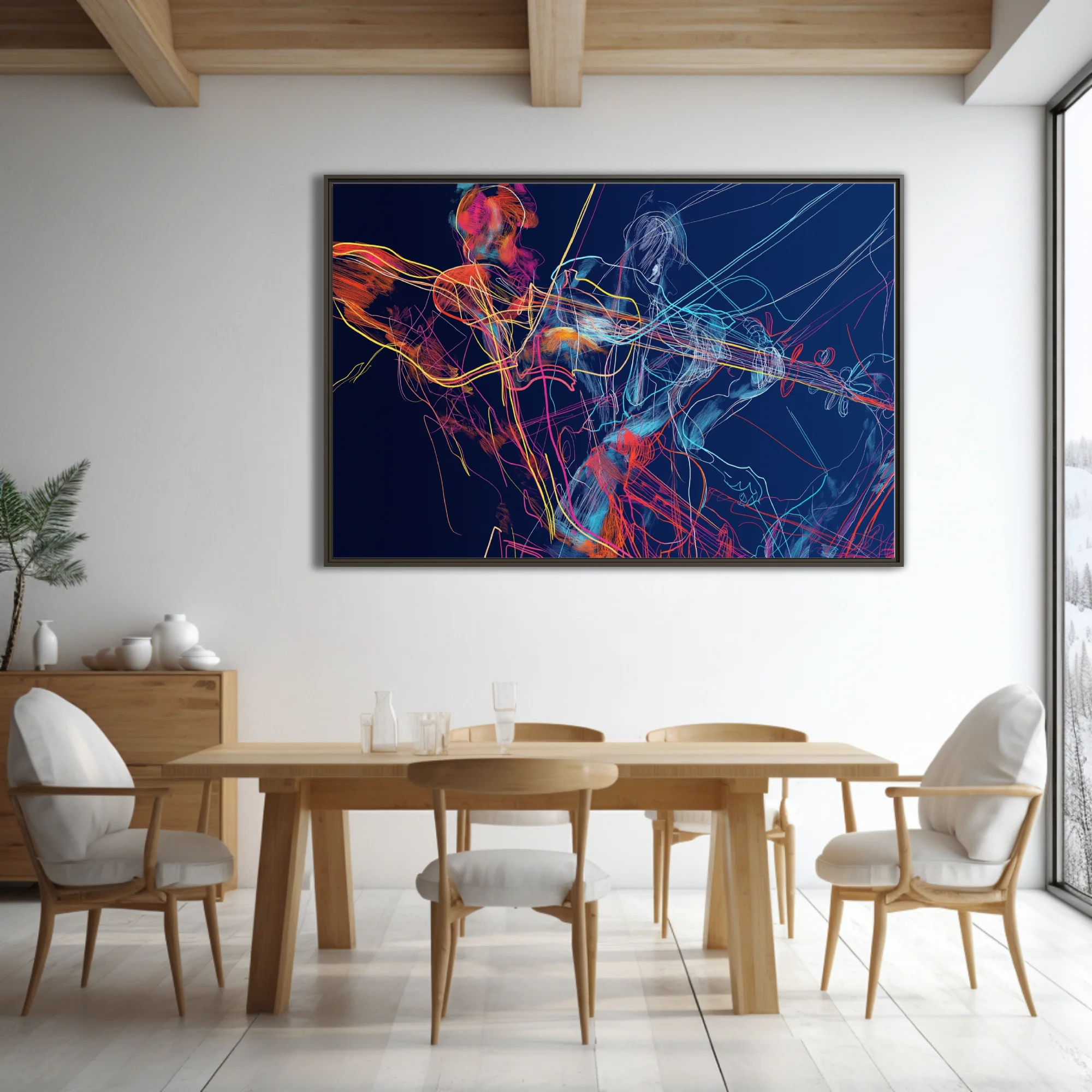 Vibrant scribbled line-art musicians with stringed instruments in neon hues on deep navy background