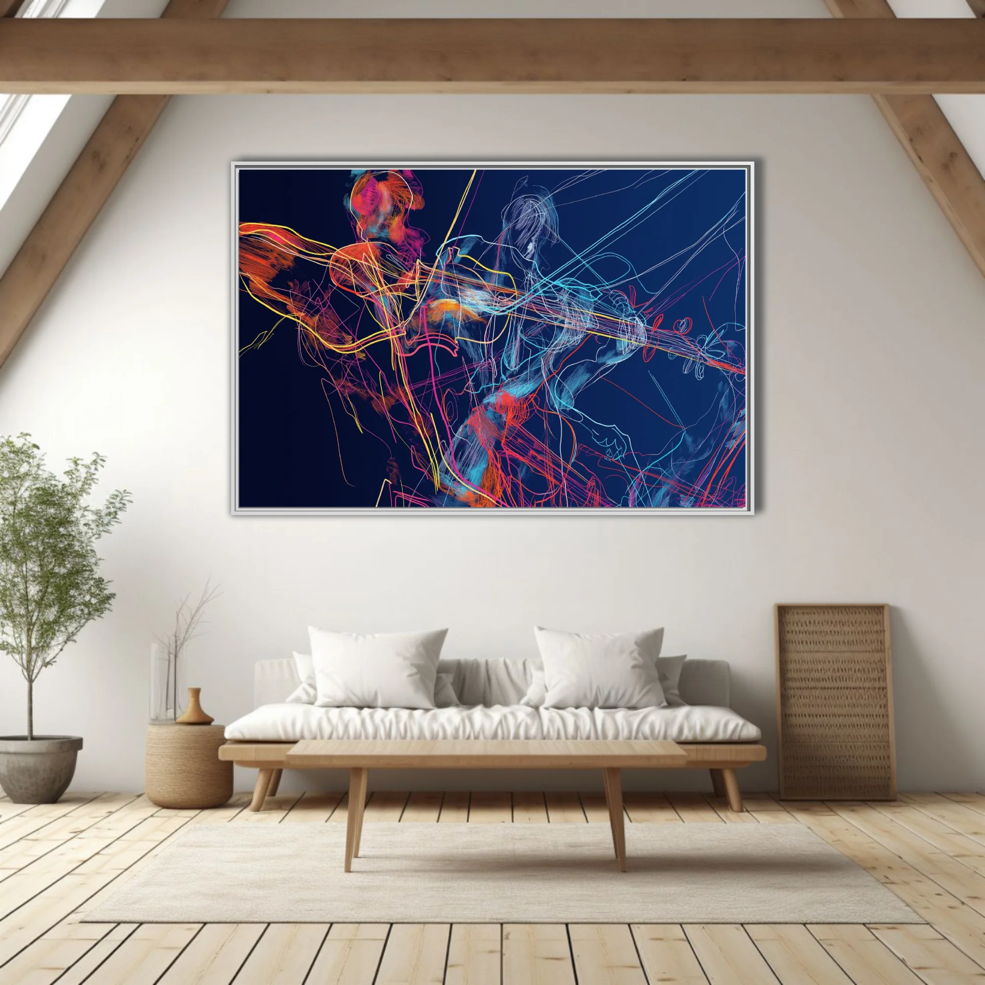 Vibrant scribbled line-art musicians with stringed instruments in neon hues on deep navy background
