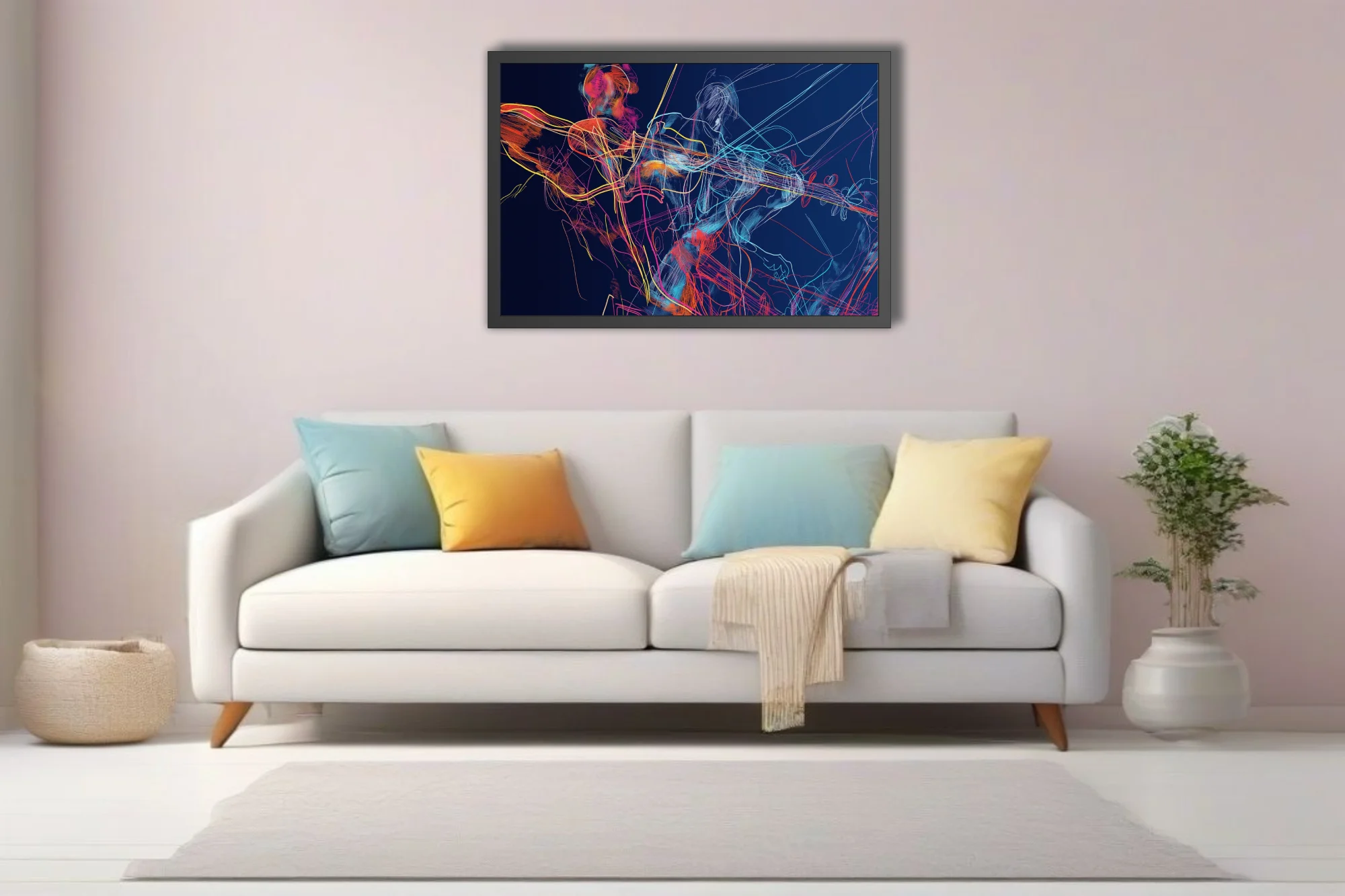 Vibrant scribbled line-art musicians with stringed instruments in neon hues on deep navy background