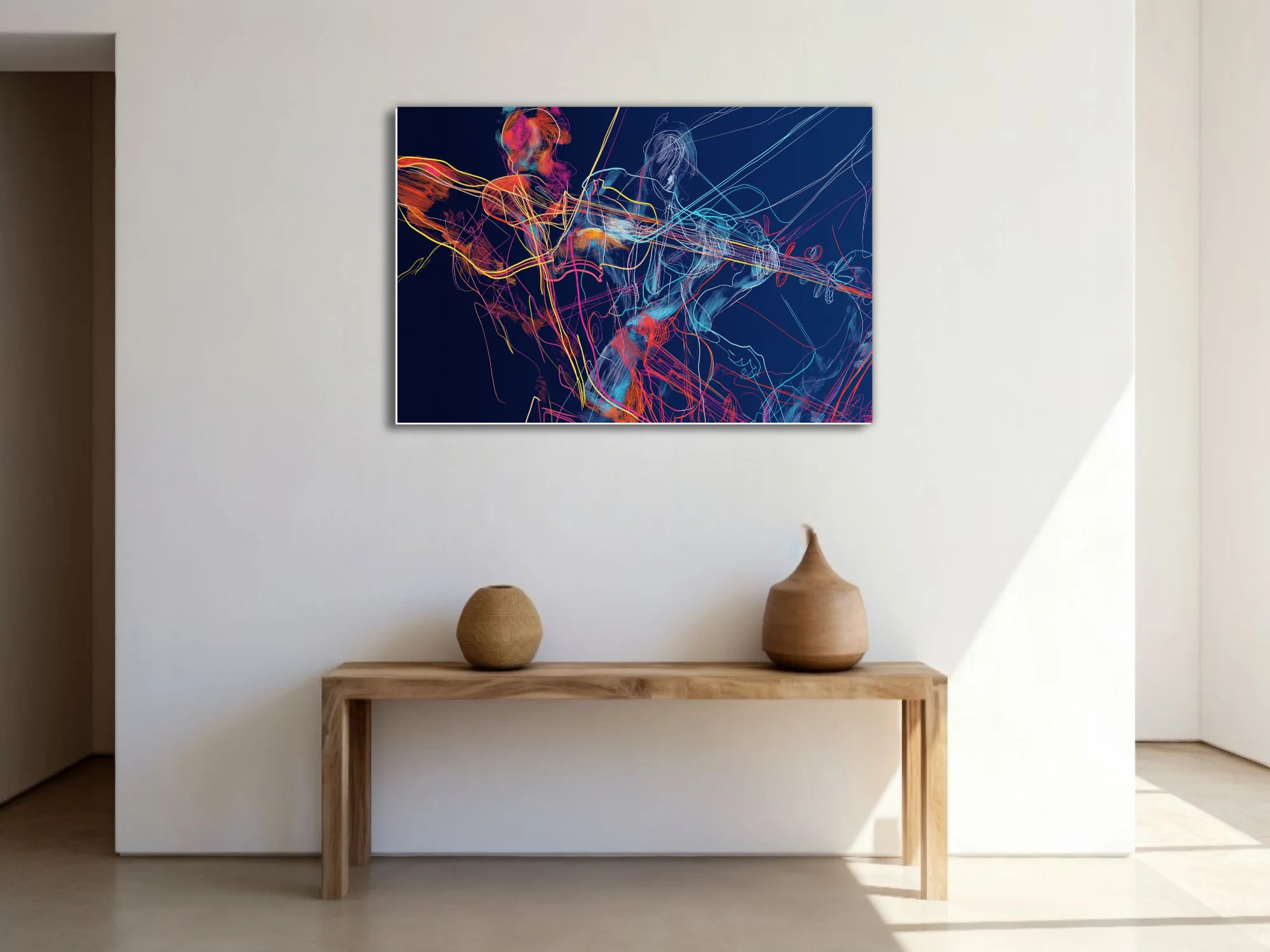 Vibrant scribbled line-art musicians with stringed instruments in neon hues on deep navy background