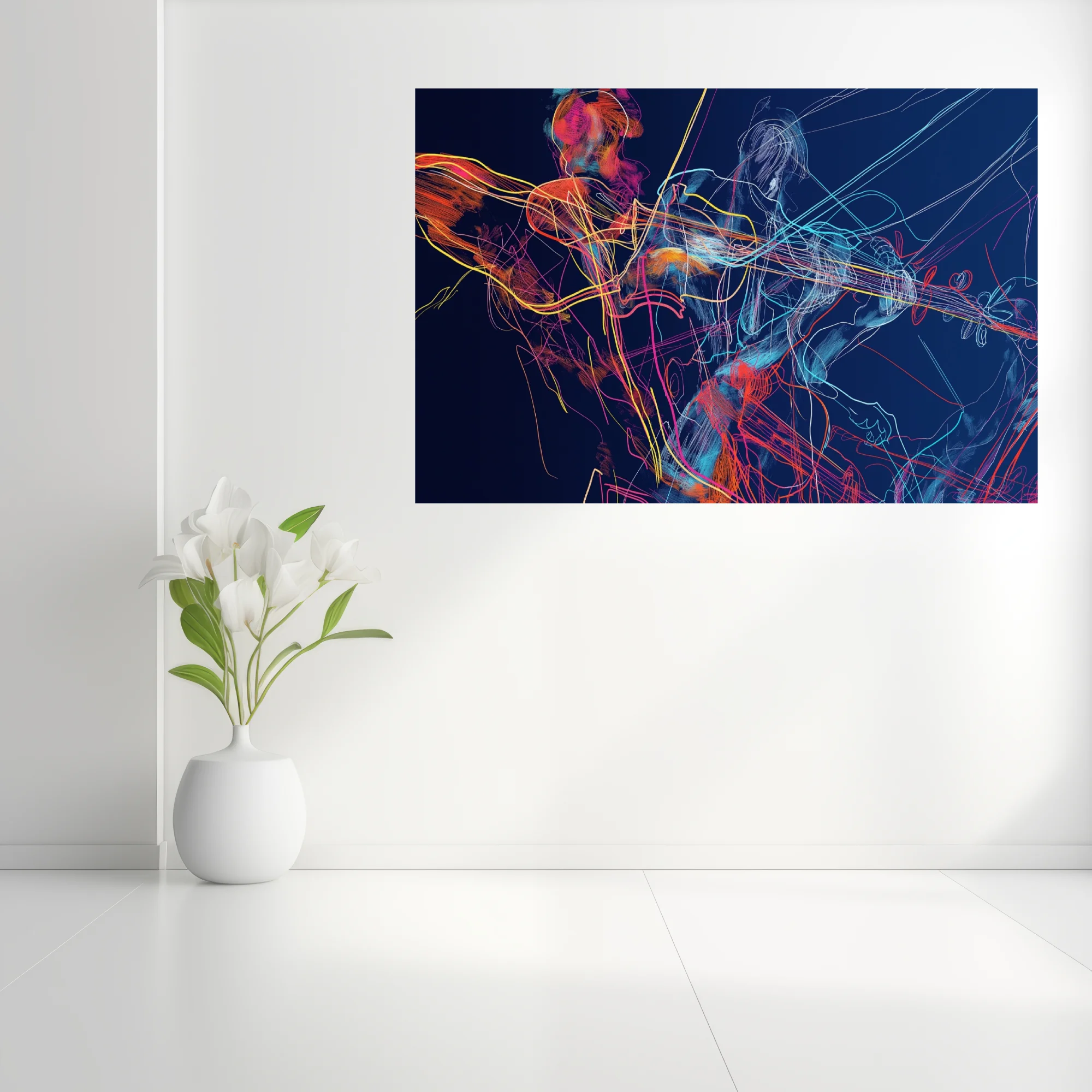 Vibrant scribbled line-art musicians with stringed instruments in neon hues on deep navy background