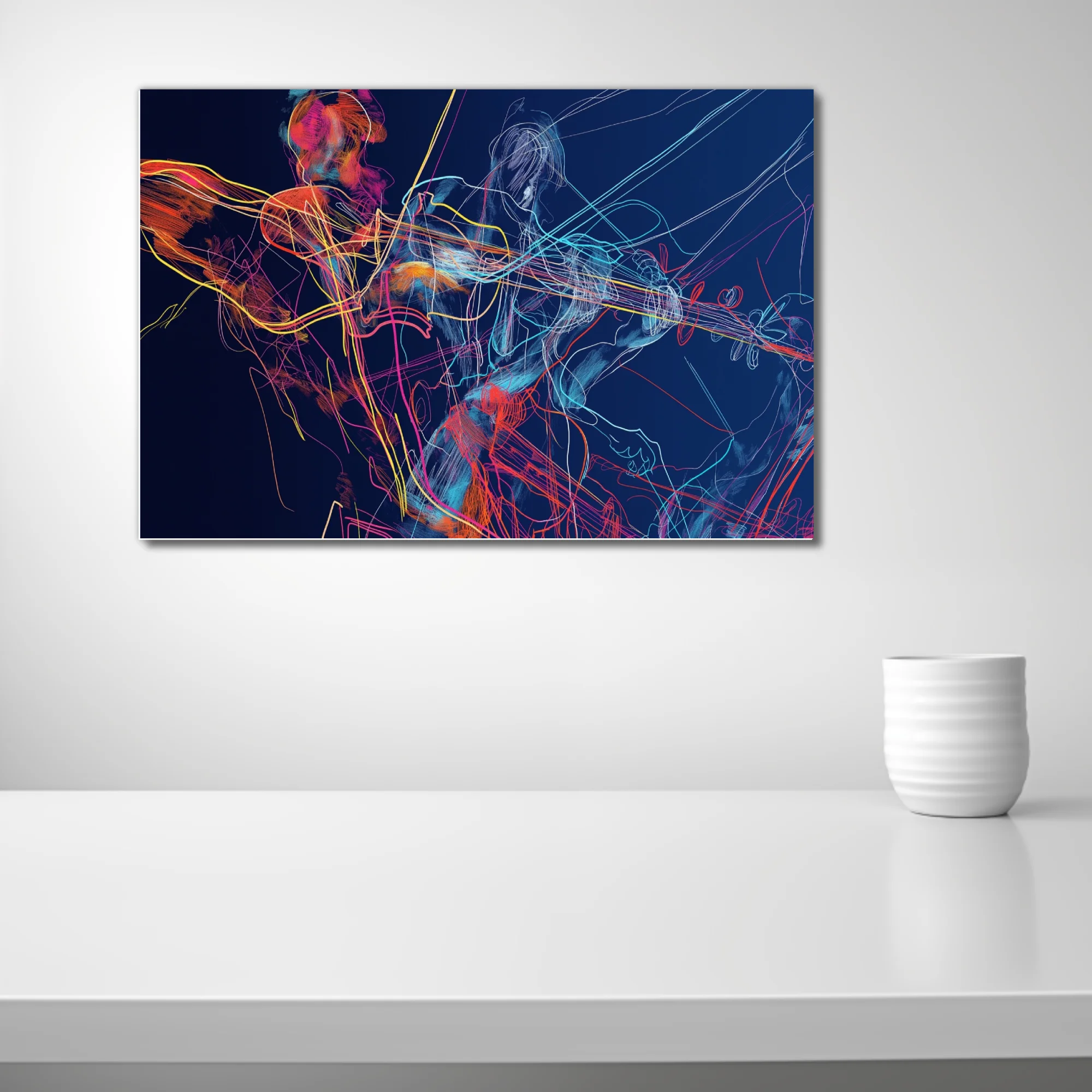 Vibrant scribbled line-art musicians with stringed instruments in neon hues on deep navy background