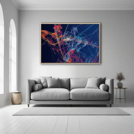 Vibrant scribbled line-art musicians with stringed instruments in neon hues on deep navy background