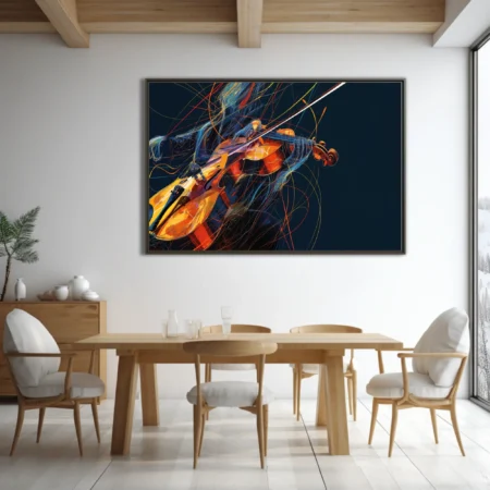 Contemporary line-art violinist illustration in amber, red and yellow on deep navy, kinetic music wall art