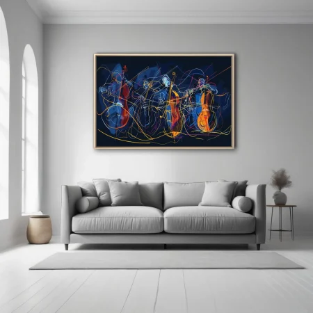 Abstract line-art musicians with string instruments in midnight blue, yellow, and orange — vivid music wall art