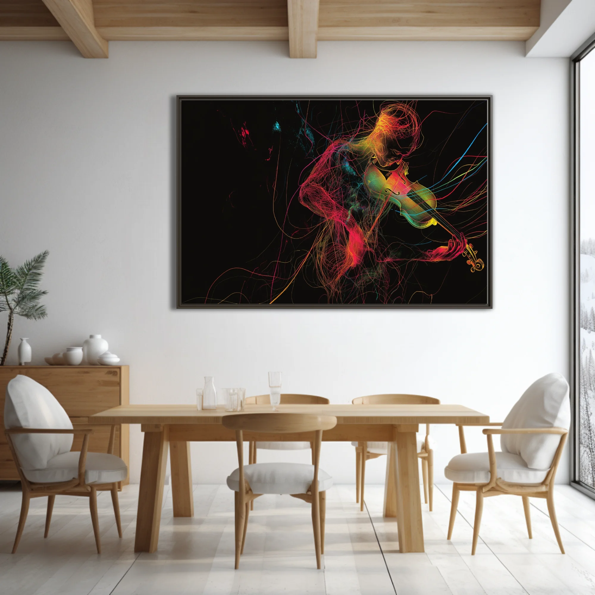 Neon line-art violinist in magenta, gold and cyan threads on black — contemporary music wall art