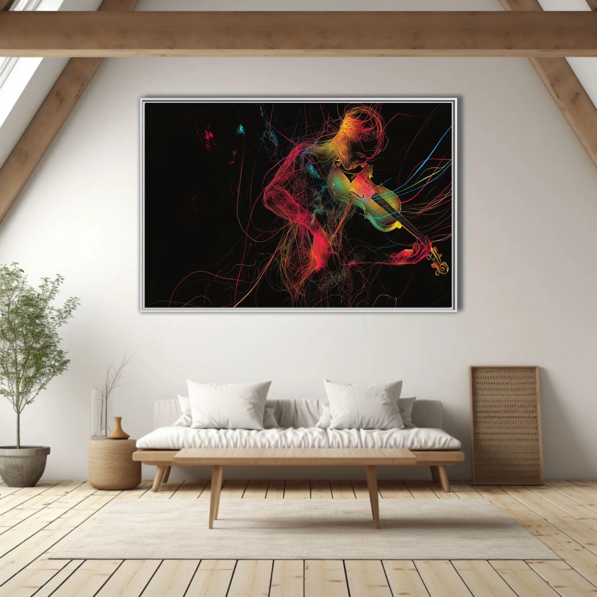 Neon line-art violinist in magenta, gold and cyan threads on black — contemporary music wall art