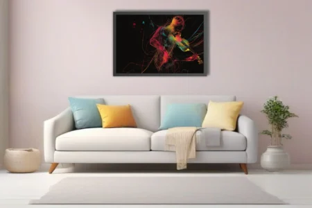 Neon line-art violinist in magenta, gold and cyan threads on black — contemporary music wall art