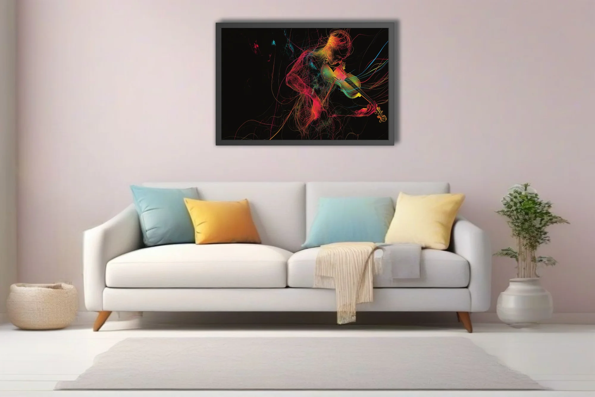 Neon line-art violinist in magenta, gold and cyan threads on black — contemporary music wall art