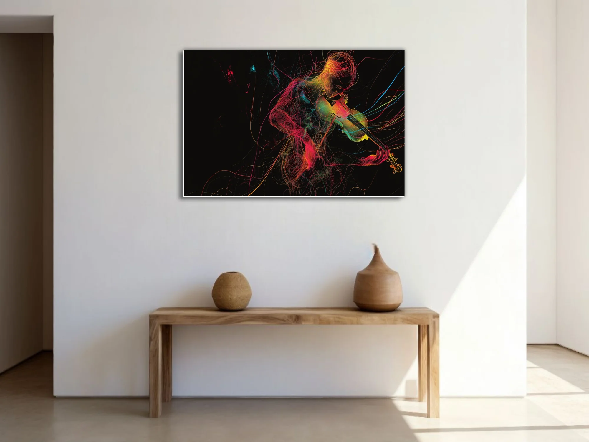 Neon line-art violinist in magenta, gold and cyan threads on black — contemporary music wall art
