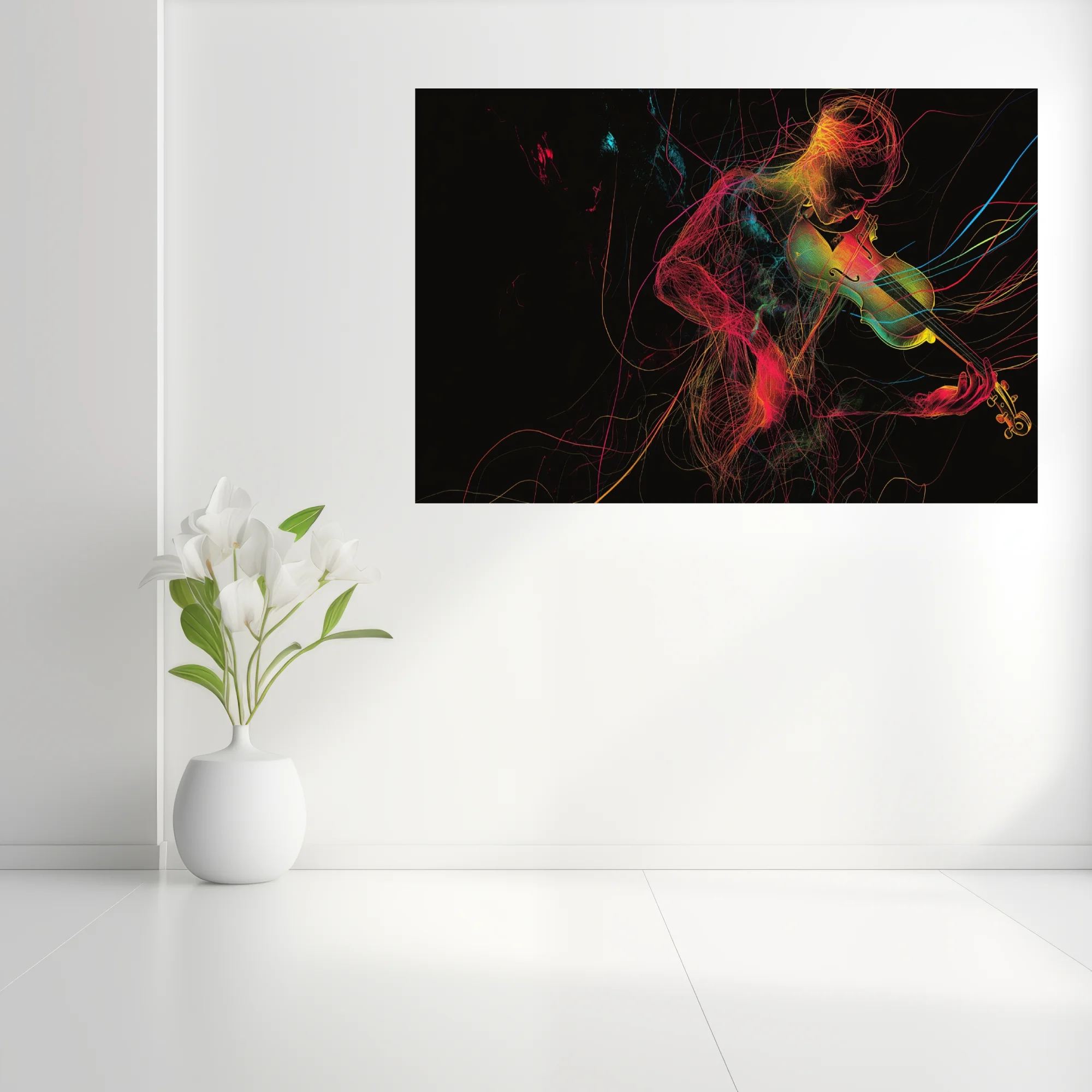 Neon line-art violinist in magenta, gold and cyan threads on black — contemporary music wall art