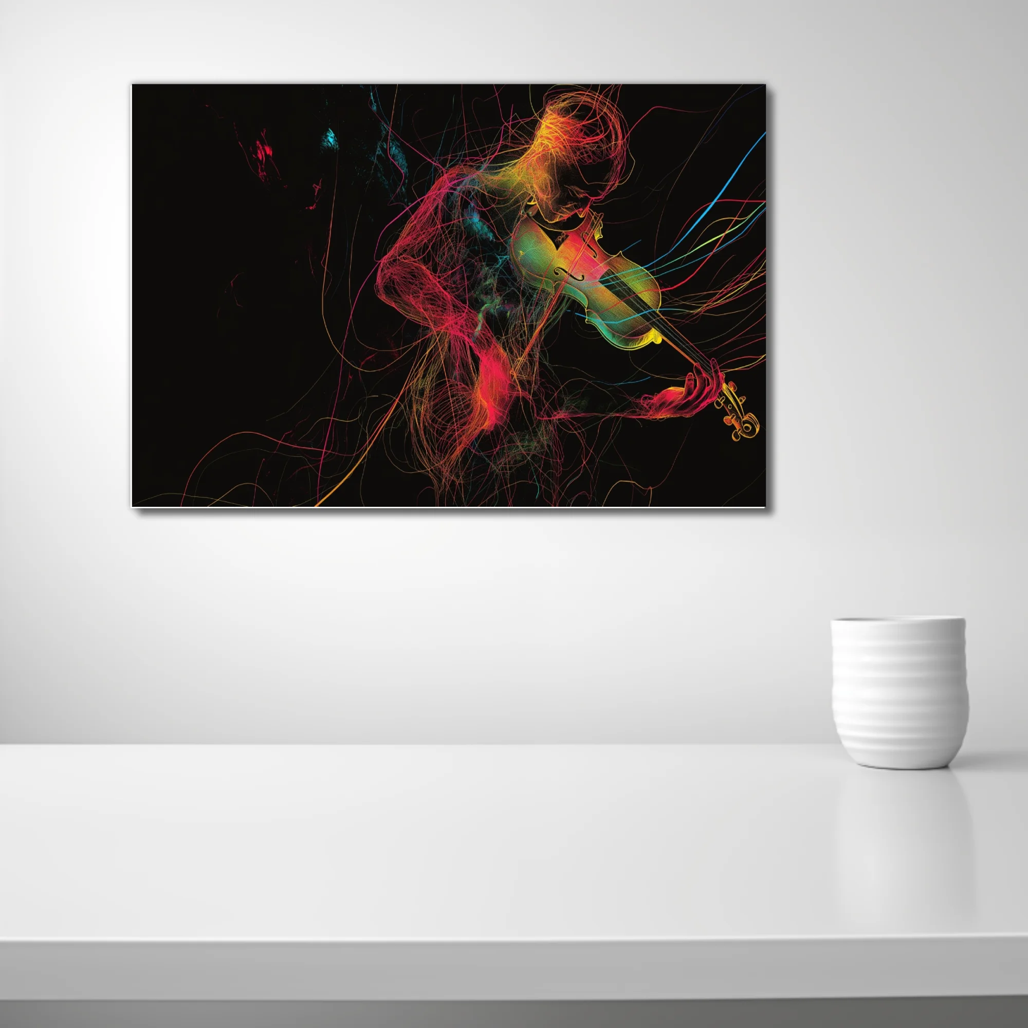 Neon line-art violinist in magenta, gold and cyan threads on black — contemporary music wall art