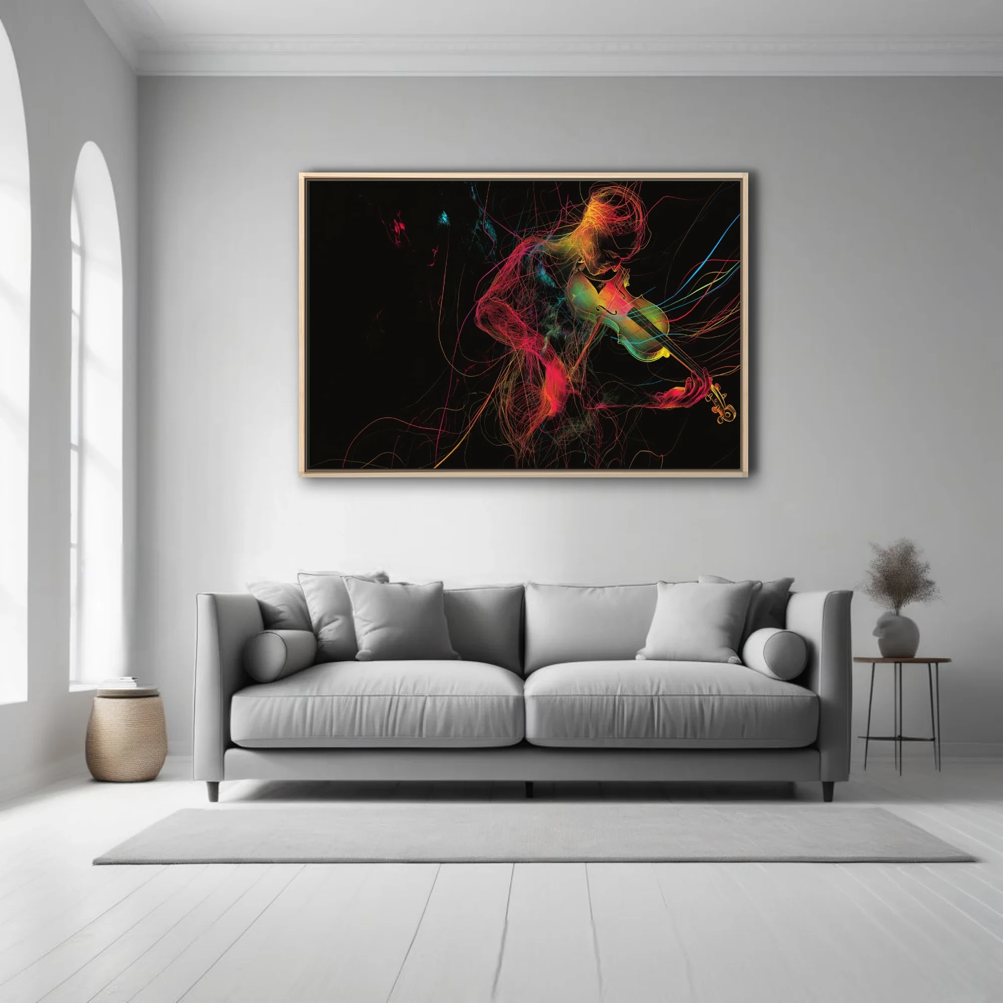 Neon line-art violinist in magenta, gold and cyan threads on black — contemporary music wall art
